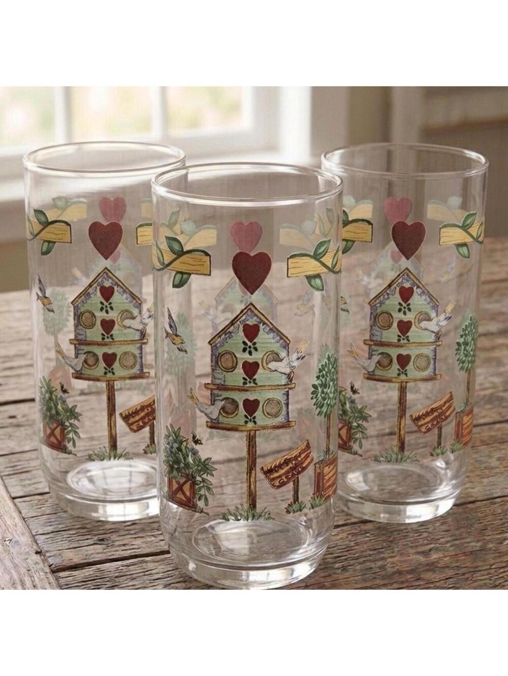 Thomson Pottery Birdhouse Glass Tumblers 16 oz Set of 3 Vintage Replacement Cups